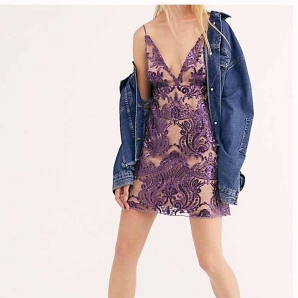 NWT Free People Purple Sequin Mini Dress Size 8 Women